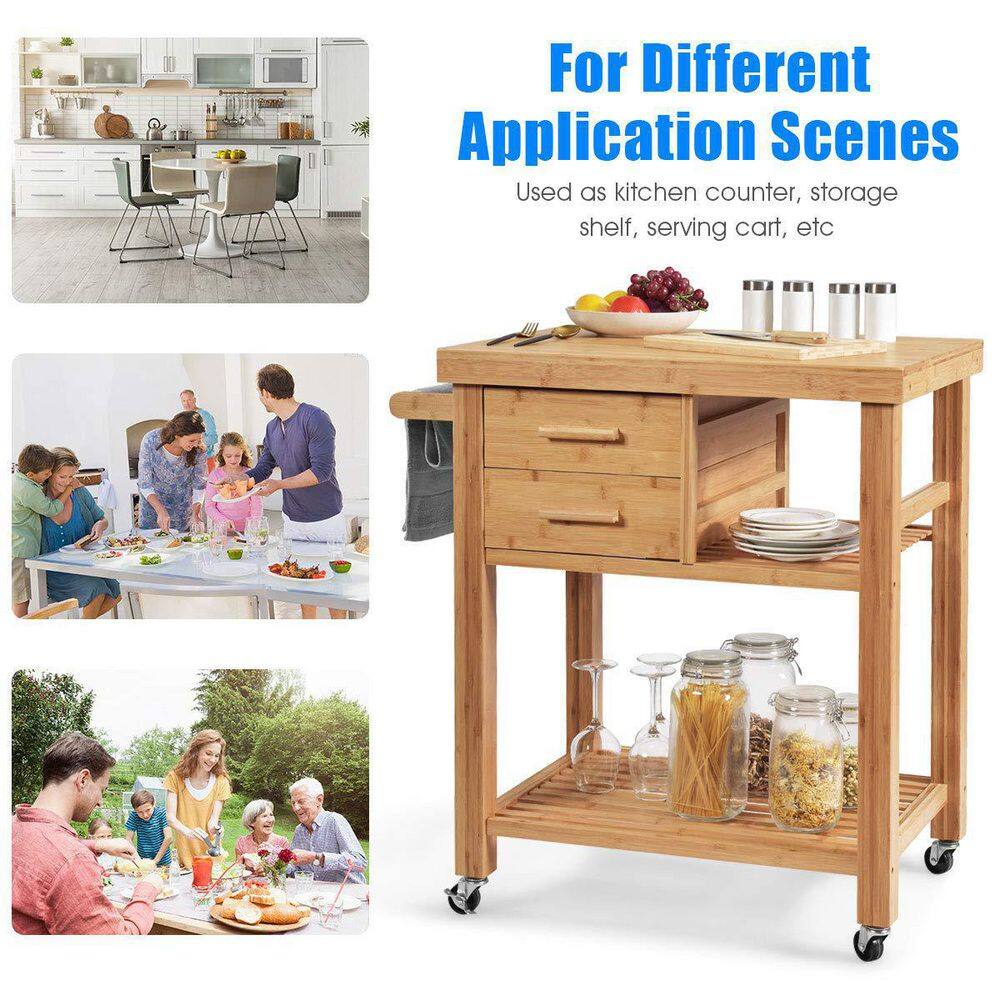 Brown Bamboo Kitchen Cart on Wheels with Tower Rack and Drawers