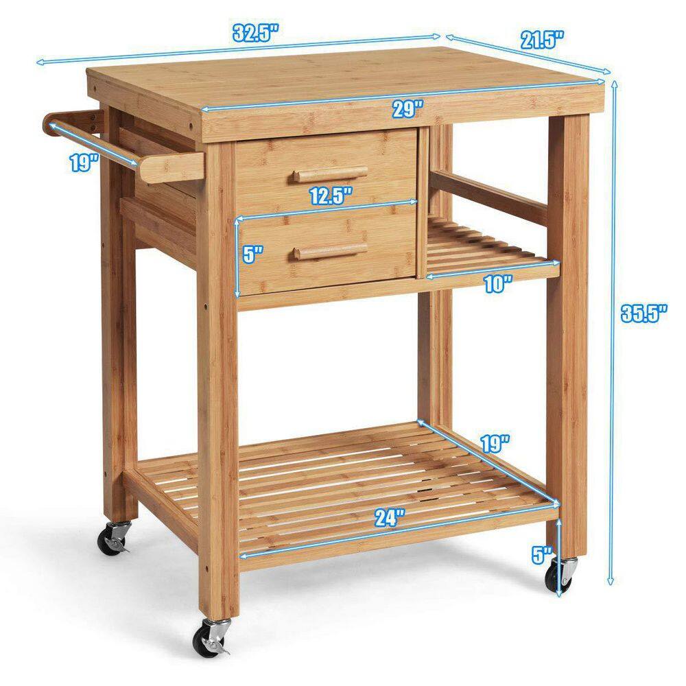 Brown Bamboo Kitchen Cart on Wheels with Tower Rack and Drawers